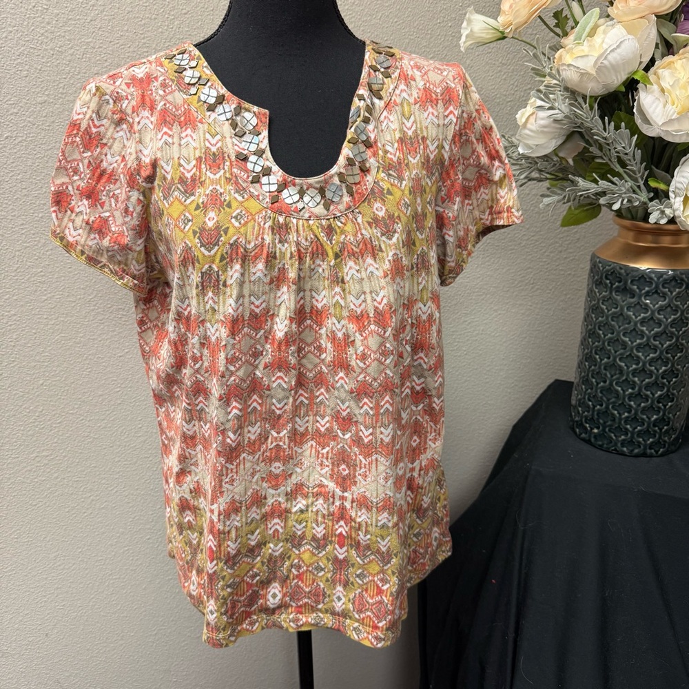 Ruby Rd Beaded Boho Tunic Top Geo Print Scoop Neck Short Sleeve M